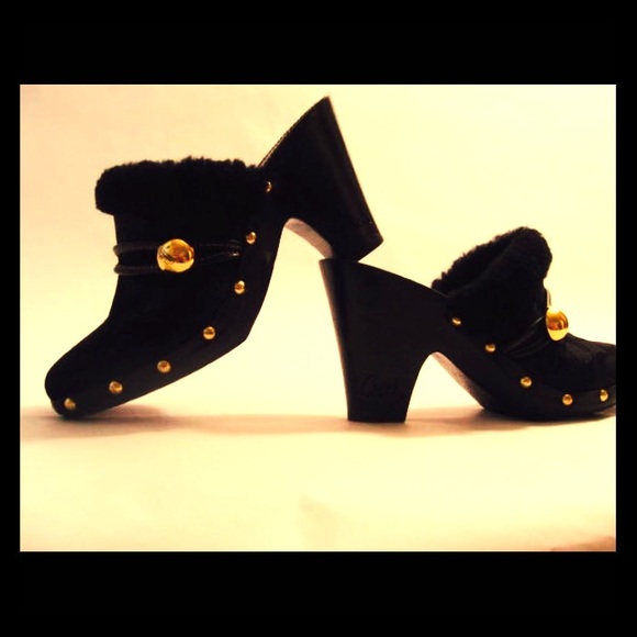 Coach black fur lined mules/clogs - Picture 1 of 8